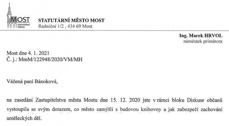 hlavička odpovědi magistrátu Most - Lada Bánoková 12_2020
